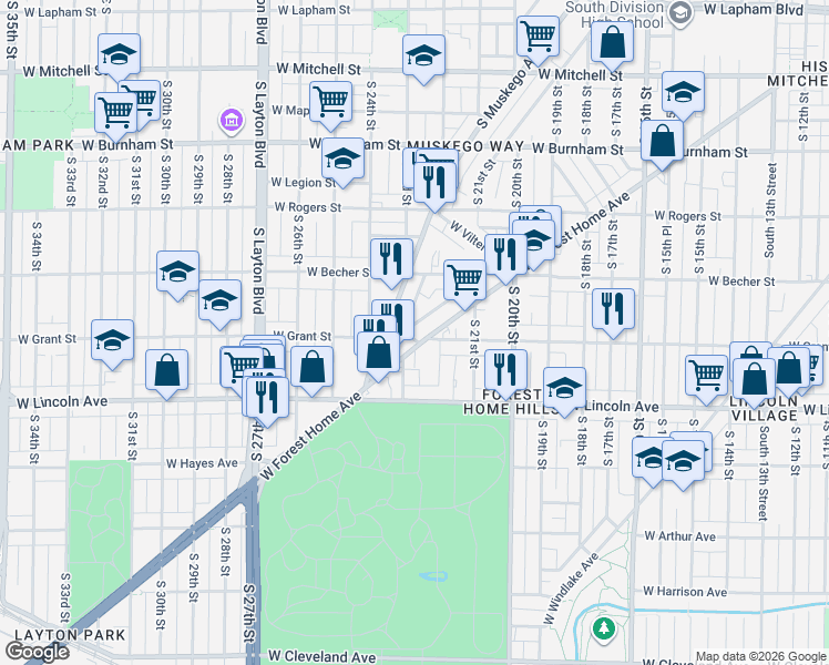 map of restaurants, bars, coffee shops, grocery stores, and more near 2228 W Grant St in Milwaukee