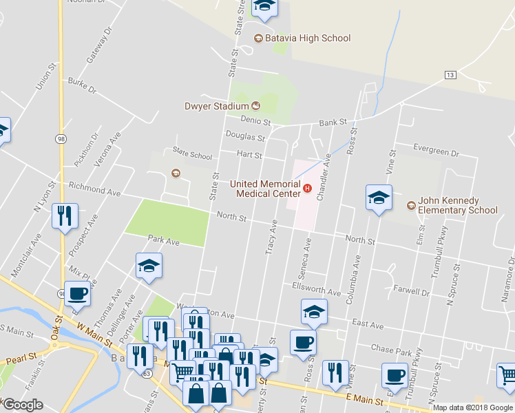 map of restaurants, bars, coffee shops, grocery stores, and more near 206 Bank Street in Batavia