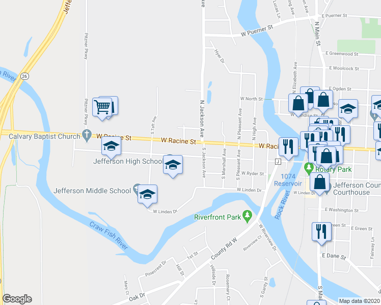 map of restaurants, bars, coffee shops, grocery stores, and more near 629 West Milwaukee Street in Jefferson