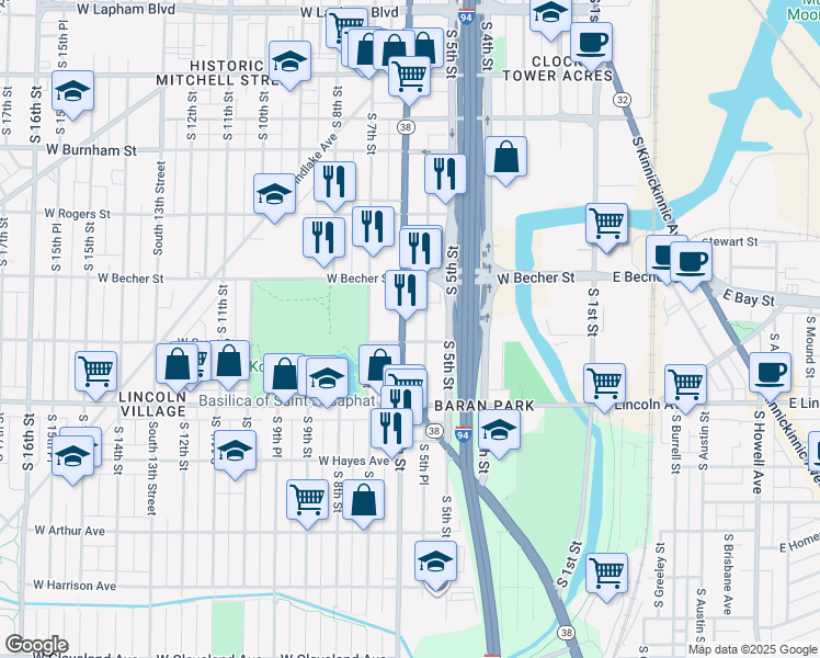 map of restaurants, bars, coffee shops, grocery stores, and more near 2165 South 5th Place in Milwaukee