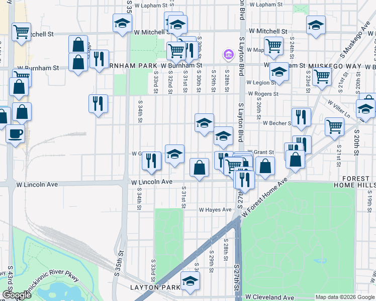map of restaurants, bars, coffee shops, grocery stores, and more near 2176 S 31st St in Milwaukee