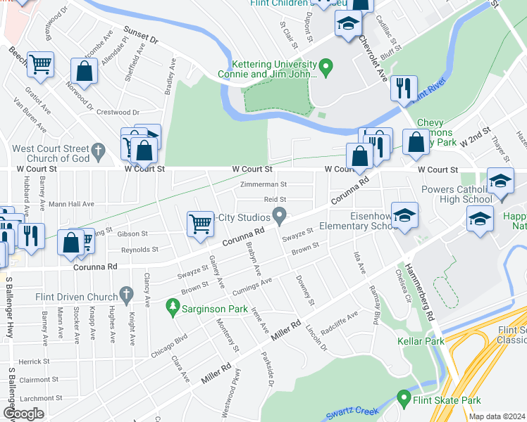 map of restaurants, bars, coffee shops, grocery stores, and more near 2418 Gibson Street in Flint