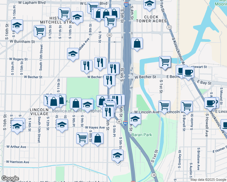 map of restaurants, bars, coffee shops, grocery stores, and more near 2165 South 5th Place in Milwaukee