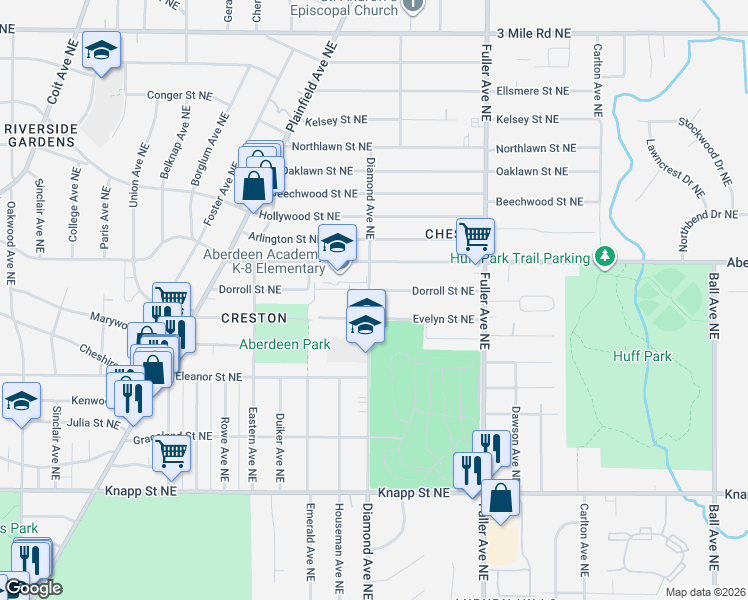 map of restaurants, bars, coffee shops, grocery stores, and more near 1016 Dorroll Street Northeast in Grand Rapids