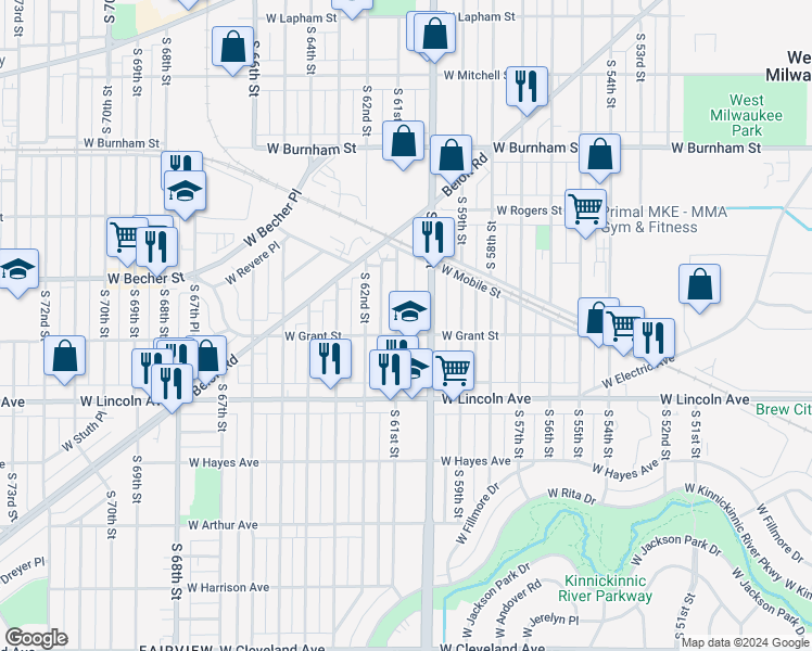 map of restaurants, bars, coffee shops, grocery stores, and more near 2168 South 61st Street in West Allis