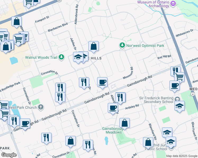 map of restaurants, bars, coffee shops, grocery stores, and more near 1543 Aldersbrook Road in London