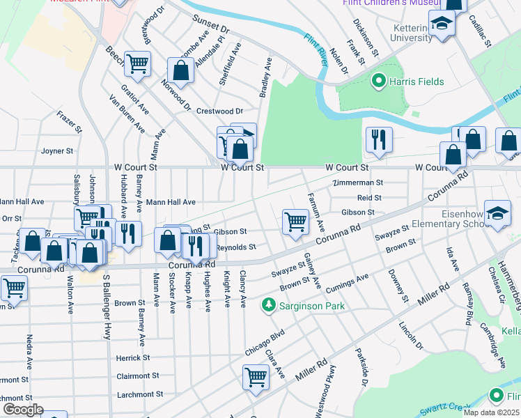 map of restaurants, bars, coffee shops, grocery stores, and more near 959 Bradley Avenue in Flint