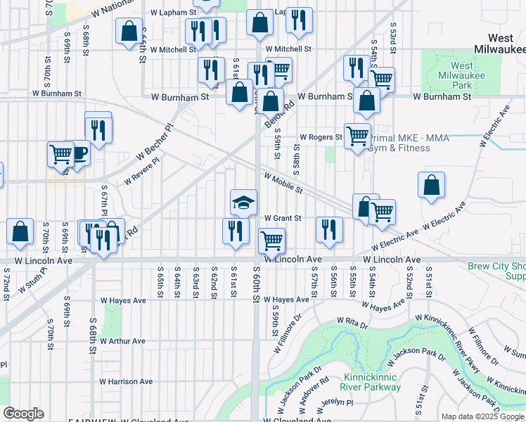 map of restaurants, bars, coffee shops, grocery stores, and more near 2186 South 60th Street in West Allis
