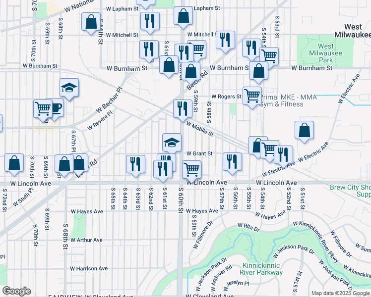 map of restaurants, bars, coffee shops, grocery stores, and more near 2186 South 60th Street in West Allis