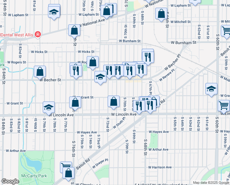 map of restaurants, bars, coffee shops, grocery stores, and more near 2159 South 71st Street in West Allis