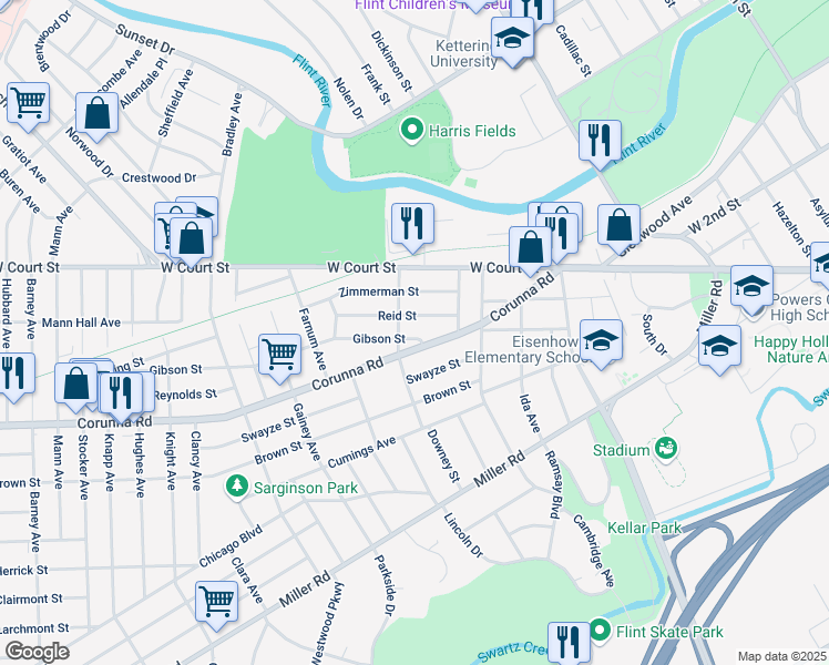 map of restaurants, bars, coffee shops, grocery stores, and more near 2314 Gibson Street in Flint