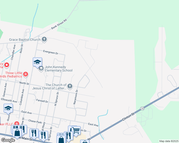 map of restaurants, bars, coffee shops, grocery stores, and more near 116 Naramore Drive in Batavia