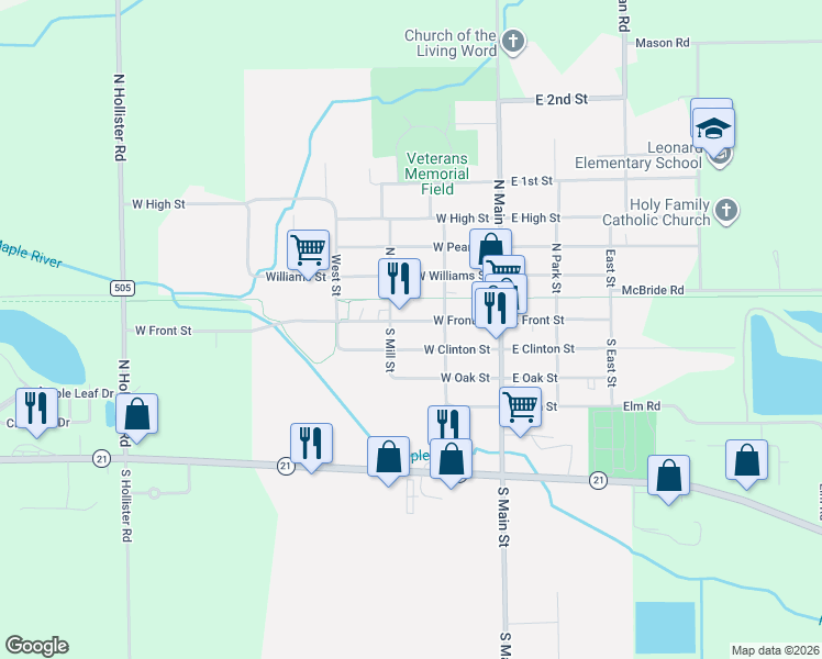 map of restaurants, bars, coffee shops, grocery stores, and more near 225 West Front Street in Ovid