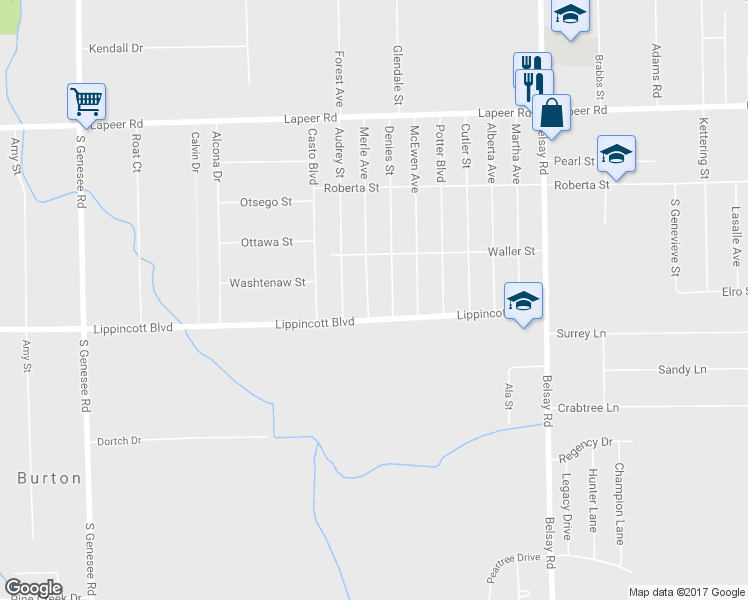 map of restaurants, bars, coffee shops, grocery stores, and more near 1501 Merle Avenue in Burton