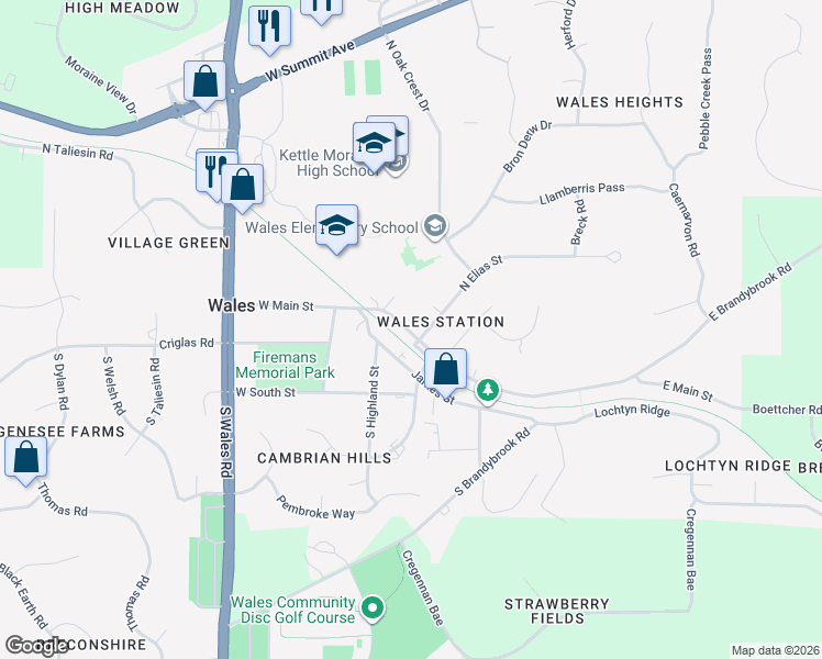 map of restaurants, bars, coffee shops, grocery stores, and more near 112 West Main Street in Wales
