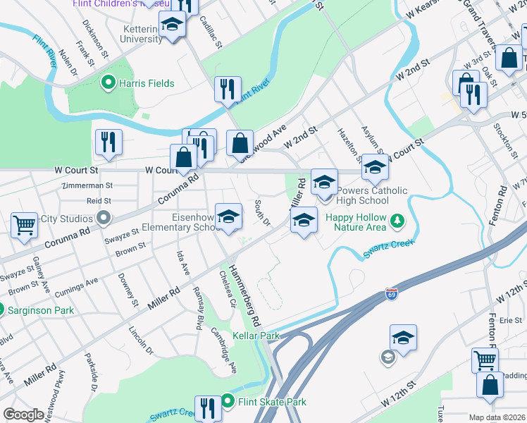map of restaurants, bars, coffee shops, grocery stores, and more near 1103 South Drive in Flint