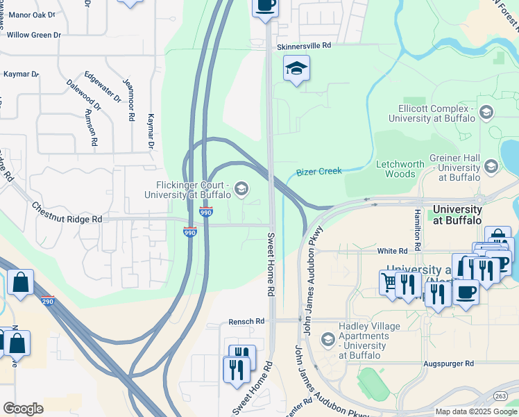 map of restaurants, bars, coffee shops, grocery stores, and more near 20 Flickinger Court in Buffalo