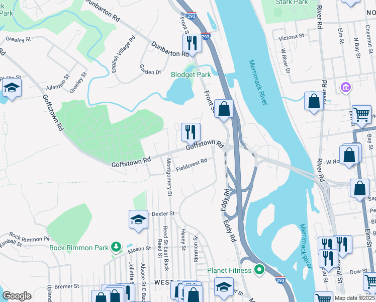 map of restaurants, bars, coffee shops, grocery stores, and more near 170 Goffstown Road in Manchester
