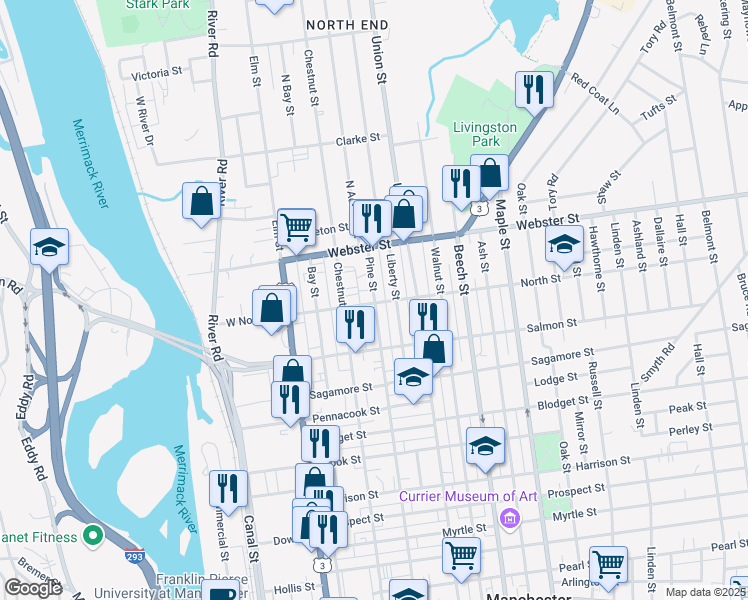 map of restaurants, bars, coffee shops, grocery stores, and more near 718 Pine Street in Manchester