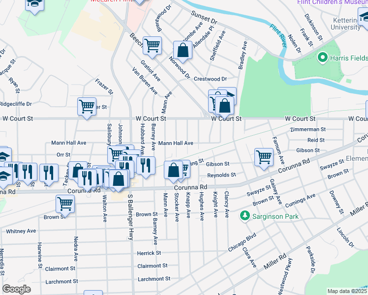 map of restaurants, bars, coffee shops, grocery stores, and more near 956 Knapp Avenue in Flint