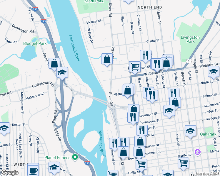 map of restaurants, bars, coffee shops, grocery stores, and more near 144 West Webster Street in Manchester