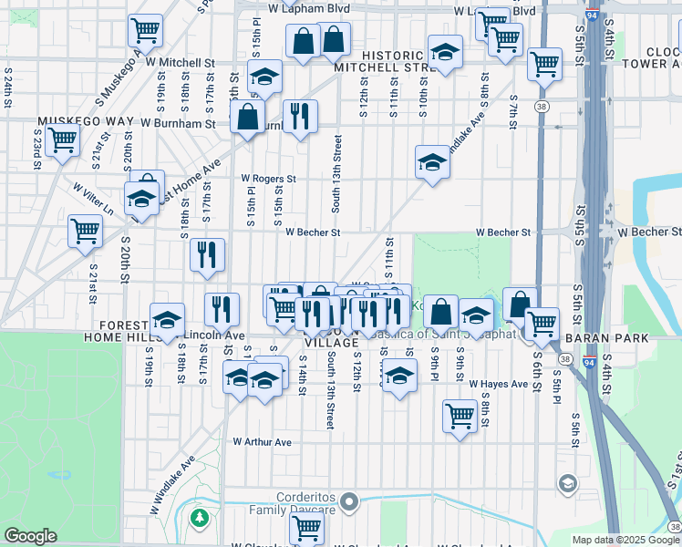 map of restaurants, bars, coffee shops, grocery stores, and more near 1230 West Grant Street in Milwaukee