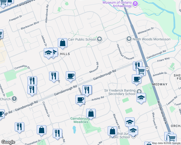 map of restaurants, bars, coffee shops, grocery stores, and more near in London