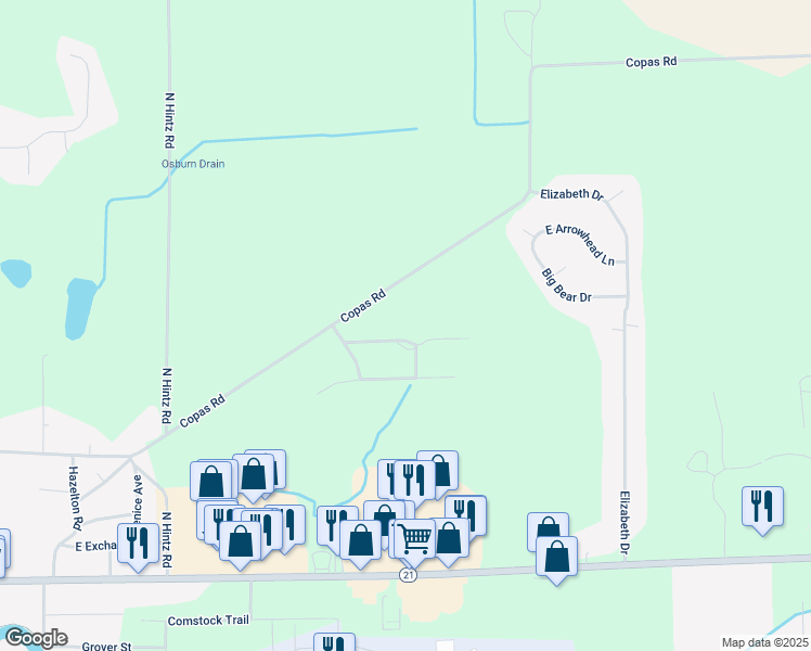 map of restaurants, bars, coffee shops, grocery stores, and more near 1880 Woodland Drive in Owosso