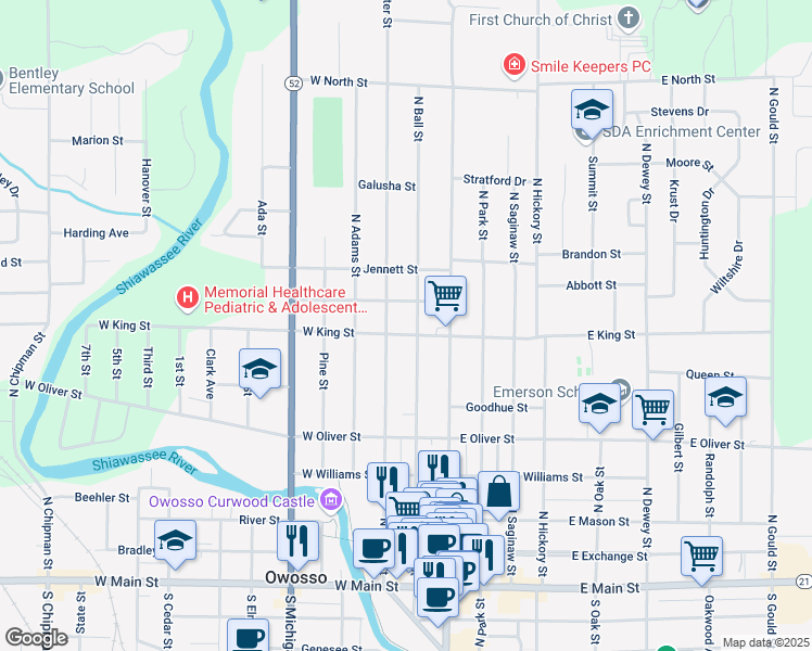 map of restaurants, bars, coffee shops, grocery stores, and more near 210 West King Street in Owosso