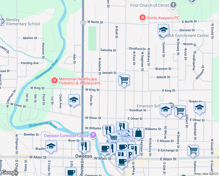 map of restaurants, bars, coffee shops, grocery stores, and more near 220 West King Street in Owosso