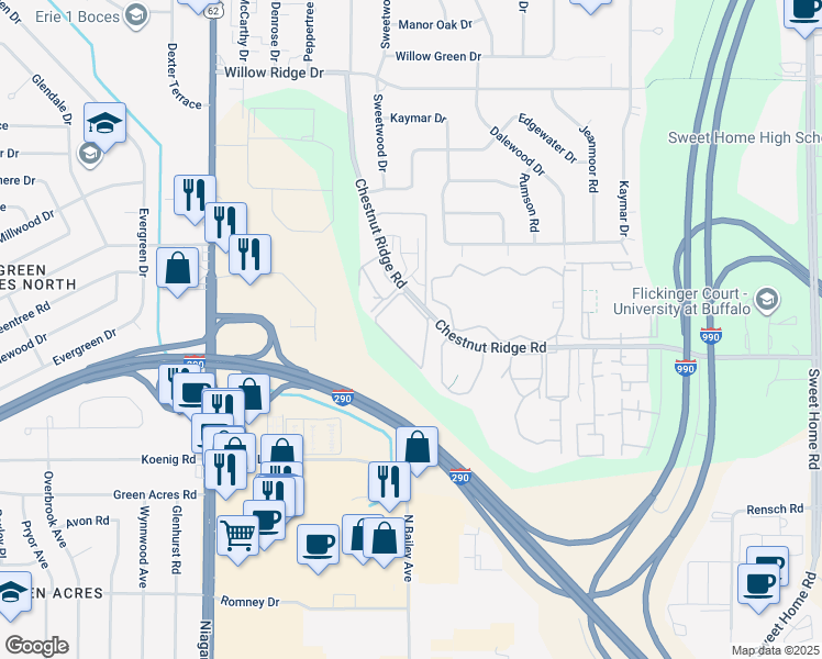 map of restaurants, bars, coffee shops, grocery stores, and more near 4357 Chestnut Ridge Road in Buffalo