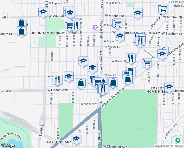 map of restaurants, bars, coffee shops, grocery stores, and more near 2175 South 28th Street in Milwaukee