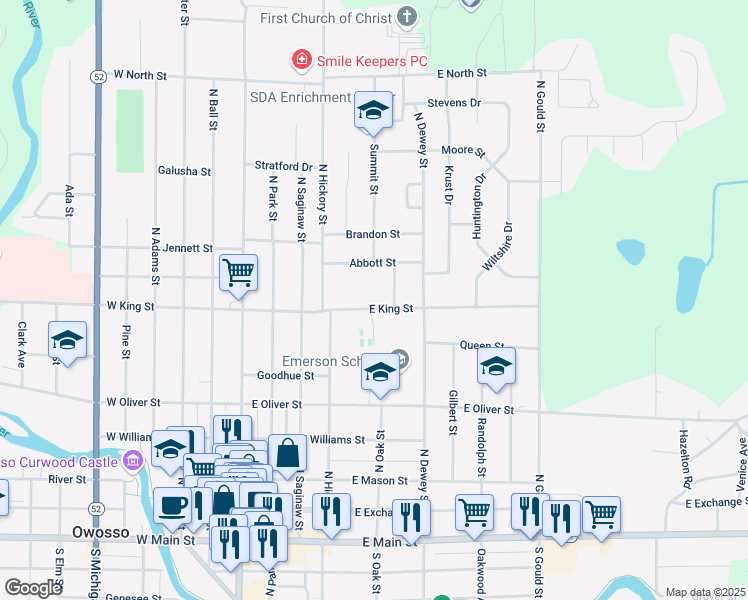 map of restaurants, bars, coffee shops, grocery stores, and more near 425 East King Street in Owosso