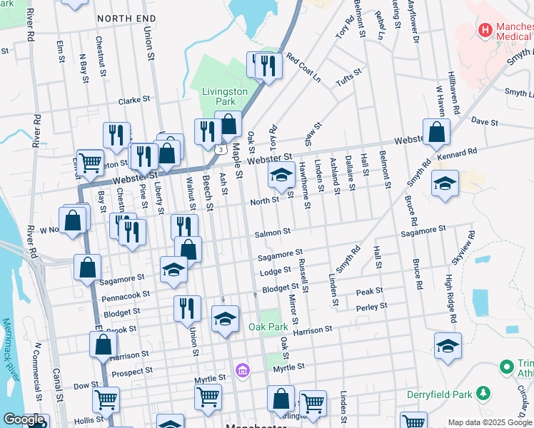 map of restaurants, bars, coffee shops, grocery stores, and more near 231 Oak Street in Manchester