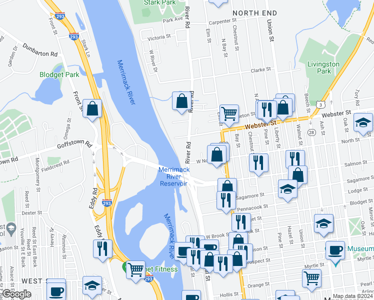 map of restaurants, bars, coffee shops, grocery stores, and more near 144 West Webster Street in Manchester