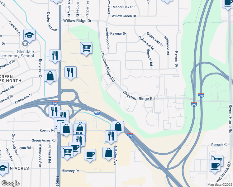 map of restaurants, bars, coffee shops, grocery stores, and more near 4357 Chestnut Ridge Road in Buffalo