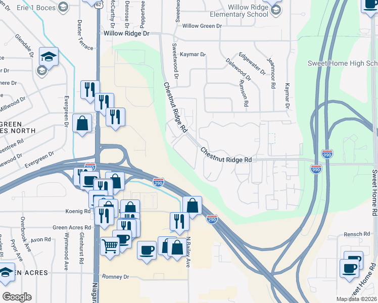 map of restaurants, bars, coffee shops, grocery stores, and more near 4357 Chestnut Ridge Road in Buffalo