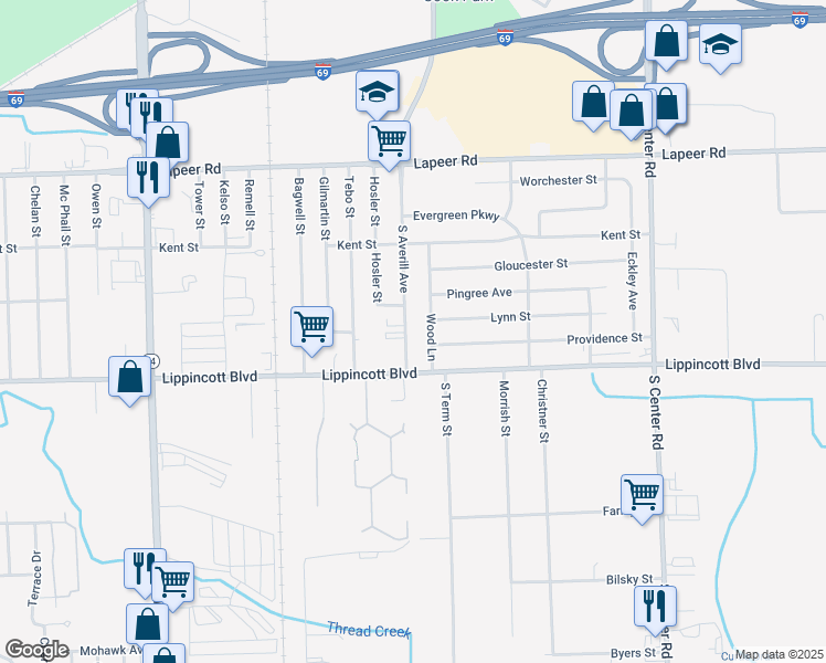 map of restaurants, bars, coffee shops, grocery stores, and more near 2030 South Averill Avenue in Flint