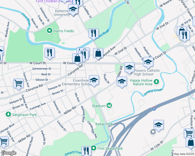 map of restaurants, bars, coffee shops, grocery stores, and more near 1109 Christopher Street in Flint