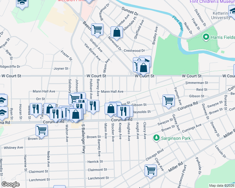 map of restaurants, bars, coffee shops, grocery stores, and more near 956 Knapp Avenue in Flint