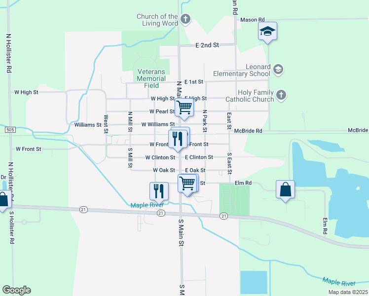 map of restaurants, bars, coffee shops, grocery stores, and more near 114 South Main Street in Ovid