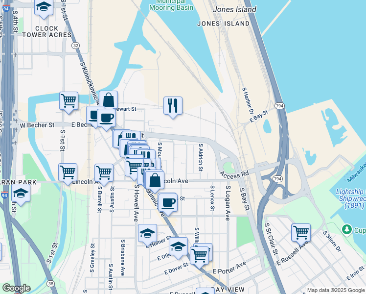map of restaurants, bars, coffee shops, grocery stores, and more near 2130 South Woodward Street in Milwaukee