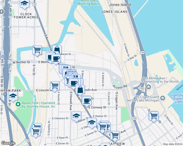 map of restaurants, bars, coffee shops, grocery stores, and more near 2124 South Winchester Street in Milwaukee