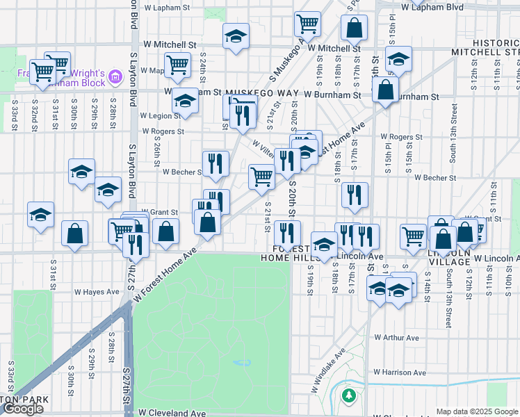 map of restaurants, bars, coffee shops, grocery stores, and more near 2120 West Grant Street in Milwaukee