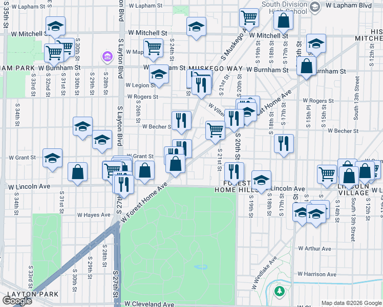map of restaurants, bars, coffee shops, grocery stores, and more near 2228 West Grant Street in Milwaukee
