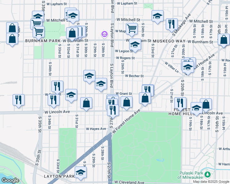 map of restaurants, bars, coffee shops, grocery stores, and more near 2174 South Layton Boulevard in Milwaukee