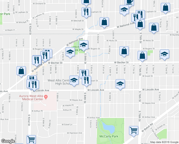 map of restaurants, bars, coffee shops, grocery stores, and more near 2156 South 84th Street in West Allis