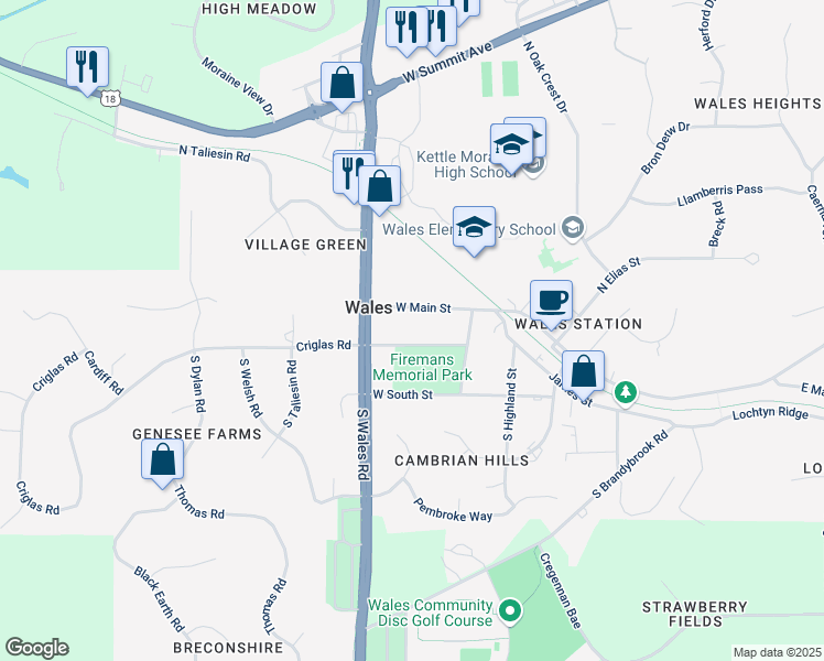 map of restaurants, bars, coffee shops, grocery stores, and more near 116 South Wales Road in Wales