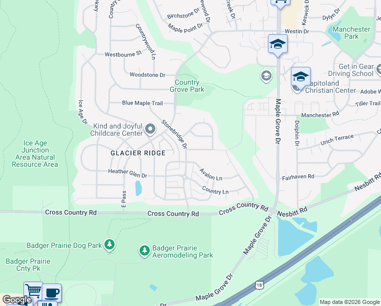 map of restaurants, bars, coffee shops, grocery stores, and more near 7033 Rockstream Drive in Madison