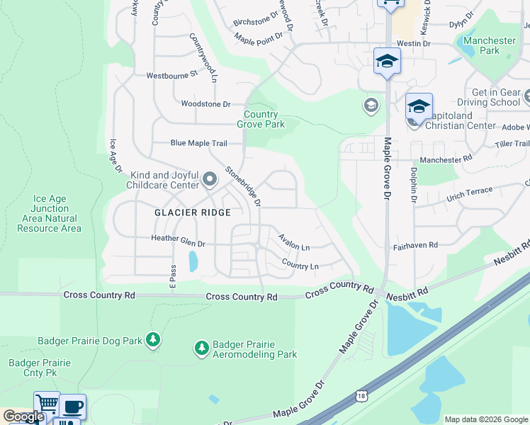 map of restaurants, bars, coffee shops, grocery stores, and more near 7033 Rockstream Drive in Madison